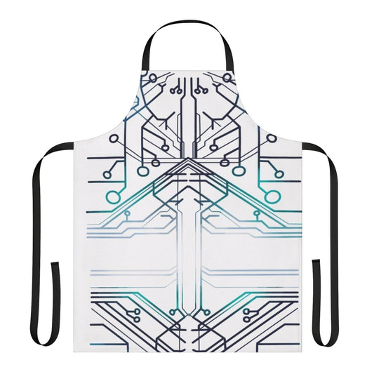 Squip-inspired hoodie pattern apron with circuit and cyborg design