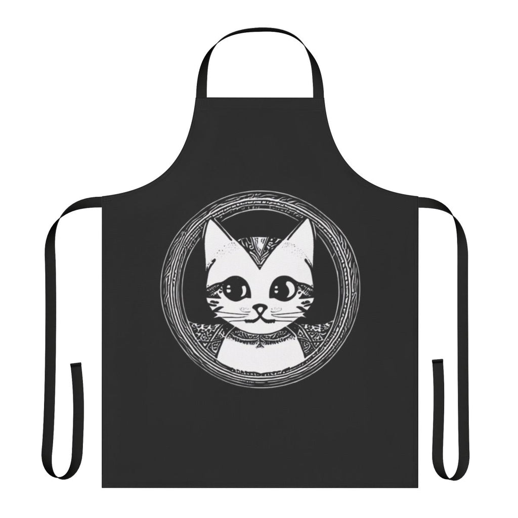 Circular cat silhouette design printed on a high-quality apron for the kitchen