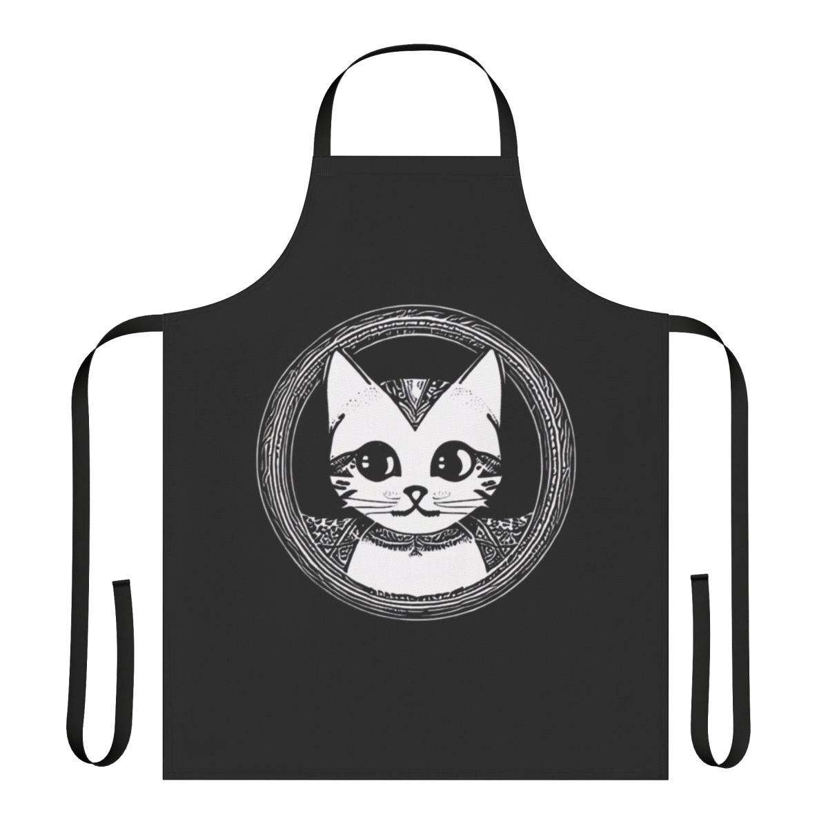 Circular cat silhouette design printed on a high-quality apron for the kitchen