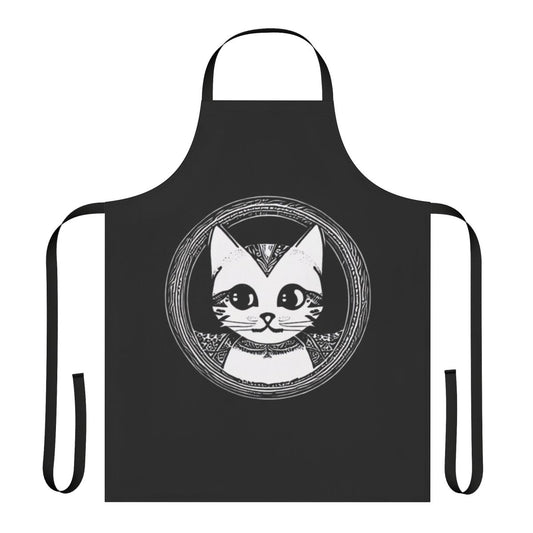 Circular cat silhouette design printed on a high-quality apron for the kitchen