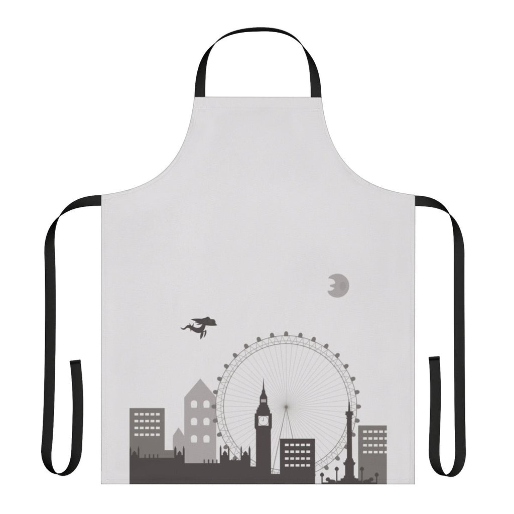 A greyscale illustration of a cityscape, resembling the iconic fog and architecture of London, printed on a high-quality kitchen apron.