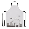 A greyscale illustration of a cityscape, resembling the iconic fog and architecture of London, printed on a high-quality kitchen apron.