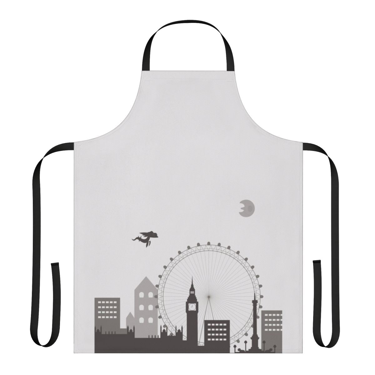 A greyscale illustration of a cityscape, resembling the iconic fog and architecture of London, printed on a high-quality kitchen apron.