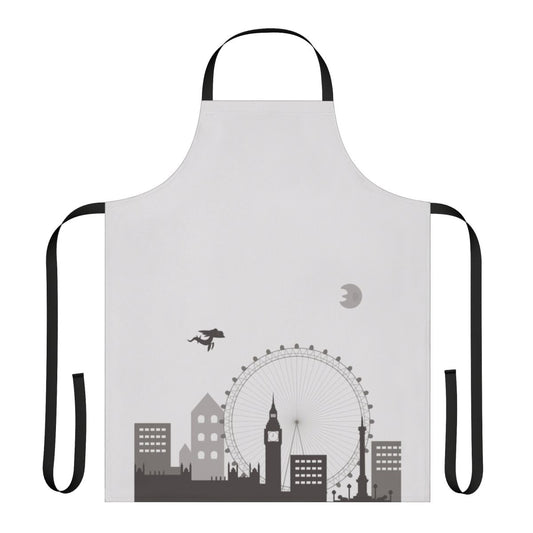 A greyscale illustration of a cityscape, resembling the iconic fog and architecture of London, printed on a high-quality kitchen apron.