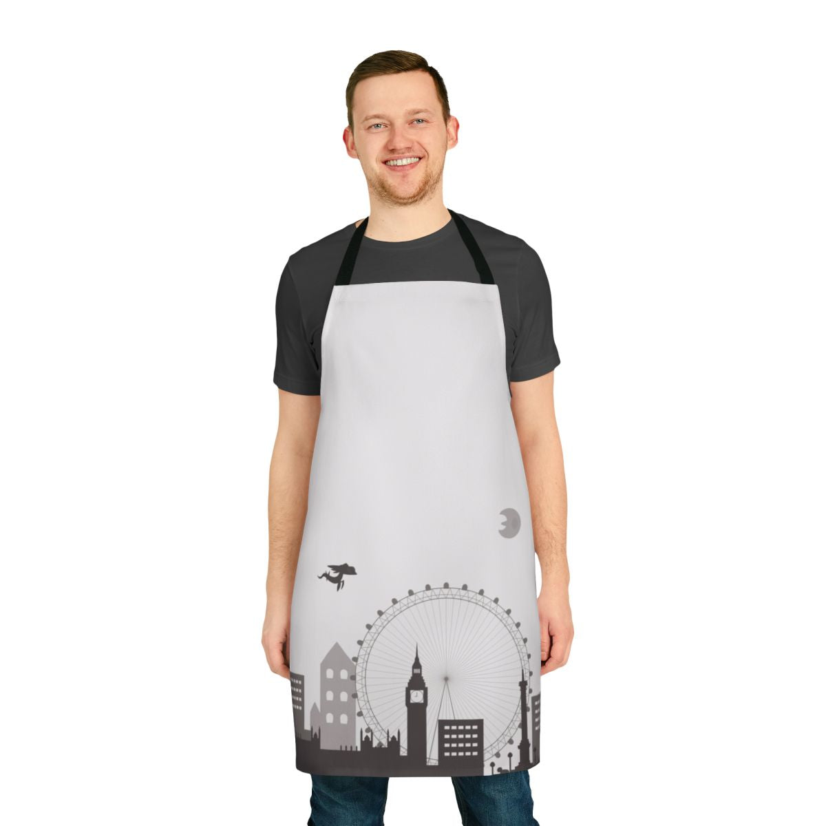 A greyscale illustration of a cityscape, resembling the iconic fog and architecture of London, printed on a high-quality kitchen apron.