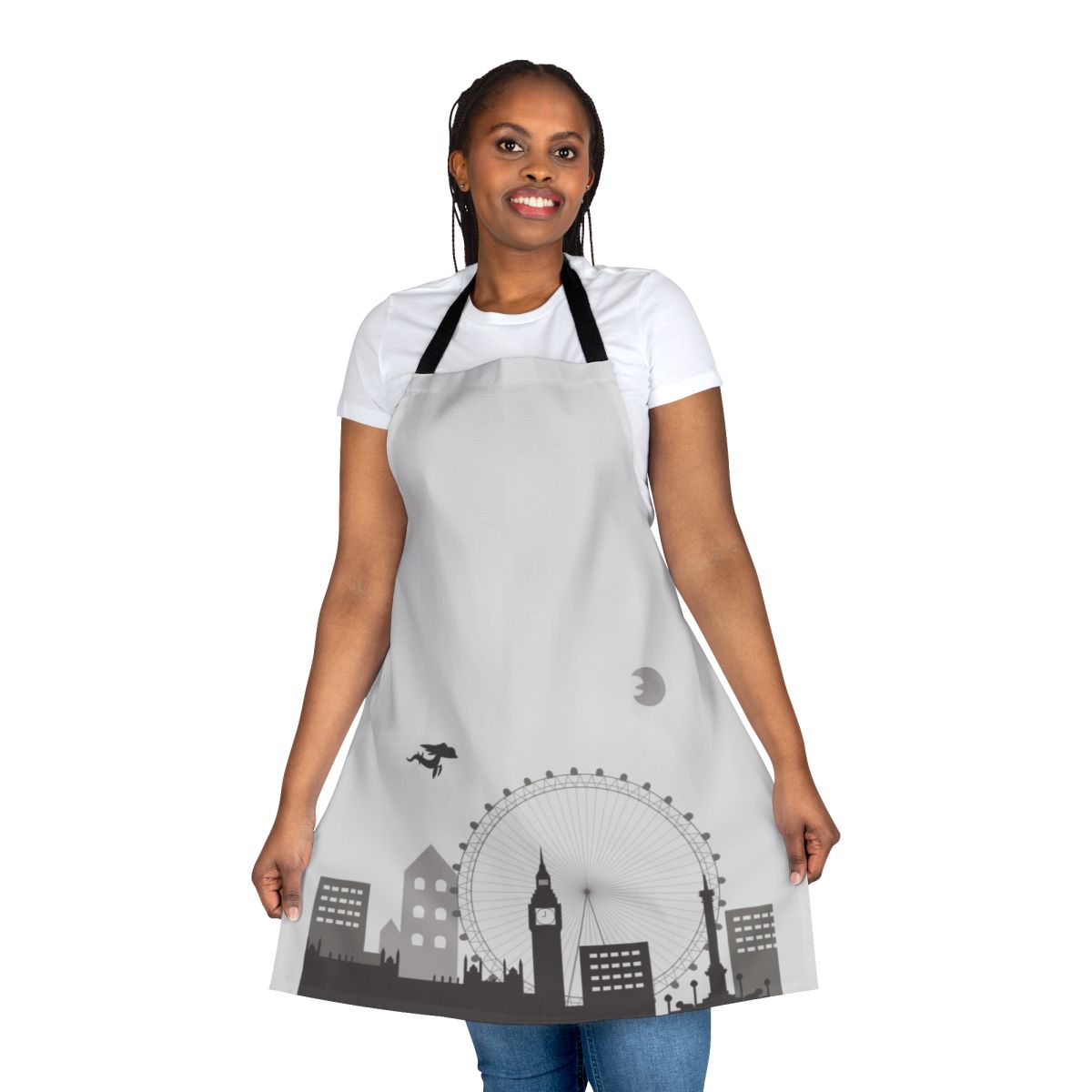 A greyscale illustration of a cityscape, resembling the iconic fog and architecture of London, printed on a high-quality kitchen apron.