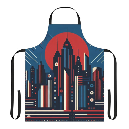 Apron featuring a cityscape scene with a vintage car, skyscrapers, and a night sky with stars and a moon.