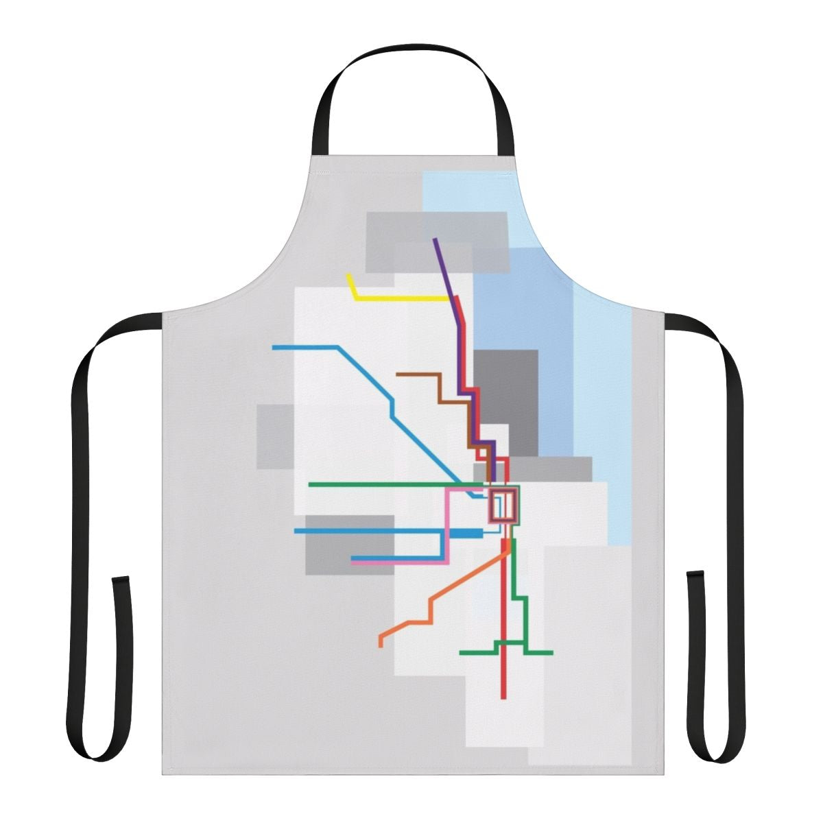 Detailed illustrated map of Chicago's public transit system and cityscape along the shores of Lake Michigan.