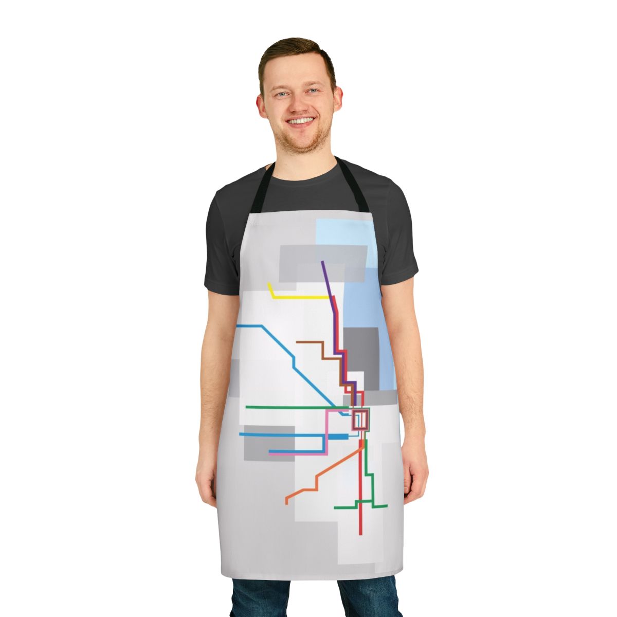Detailed illustrated map of Chicago's public transit system and cityscape along the shores of Lake Michigan.