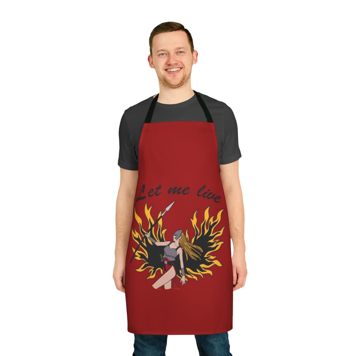 Claire Redfield Resident Evil gaming apron with "Let Me Live" text