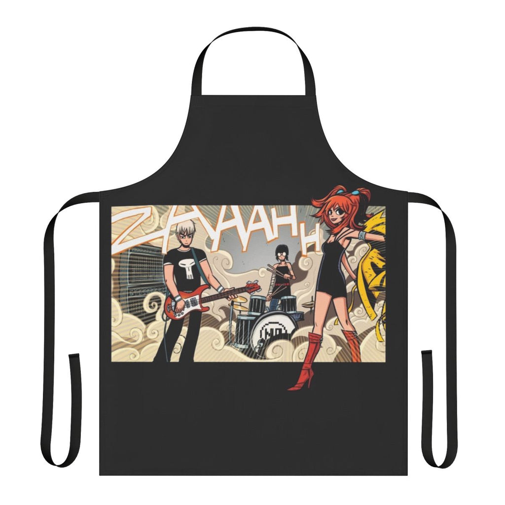 A stylish vegan apron inspired by the band The Clash at Demonhead from the Scott Pilgrim universe.