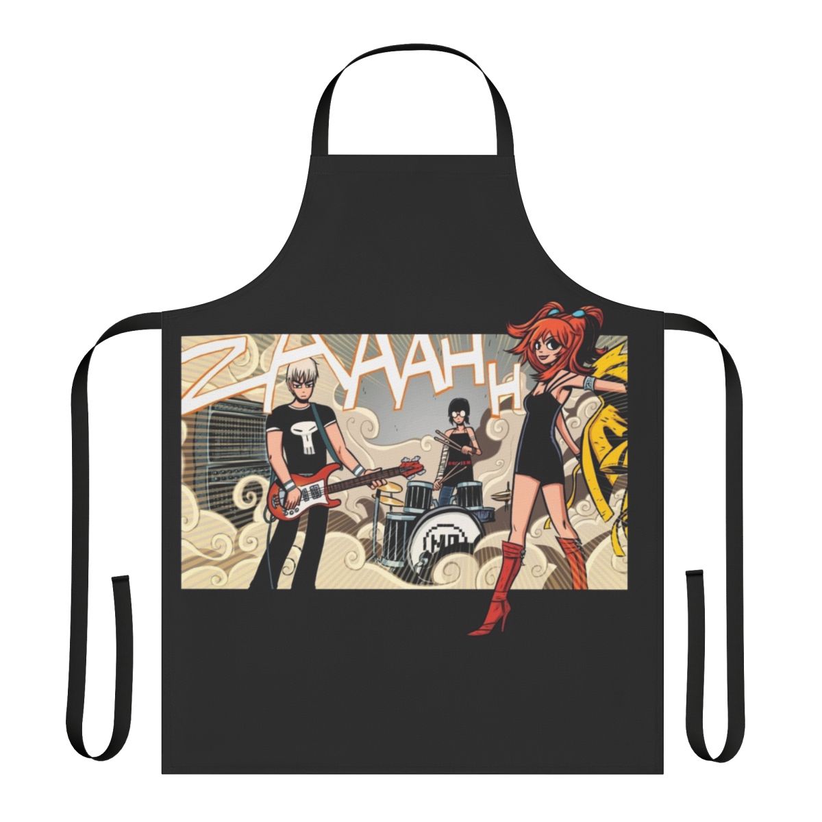 A stylish vegan apron inspired by the band The Clash at Demonhead from the Scott Pilgrim universe.