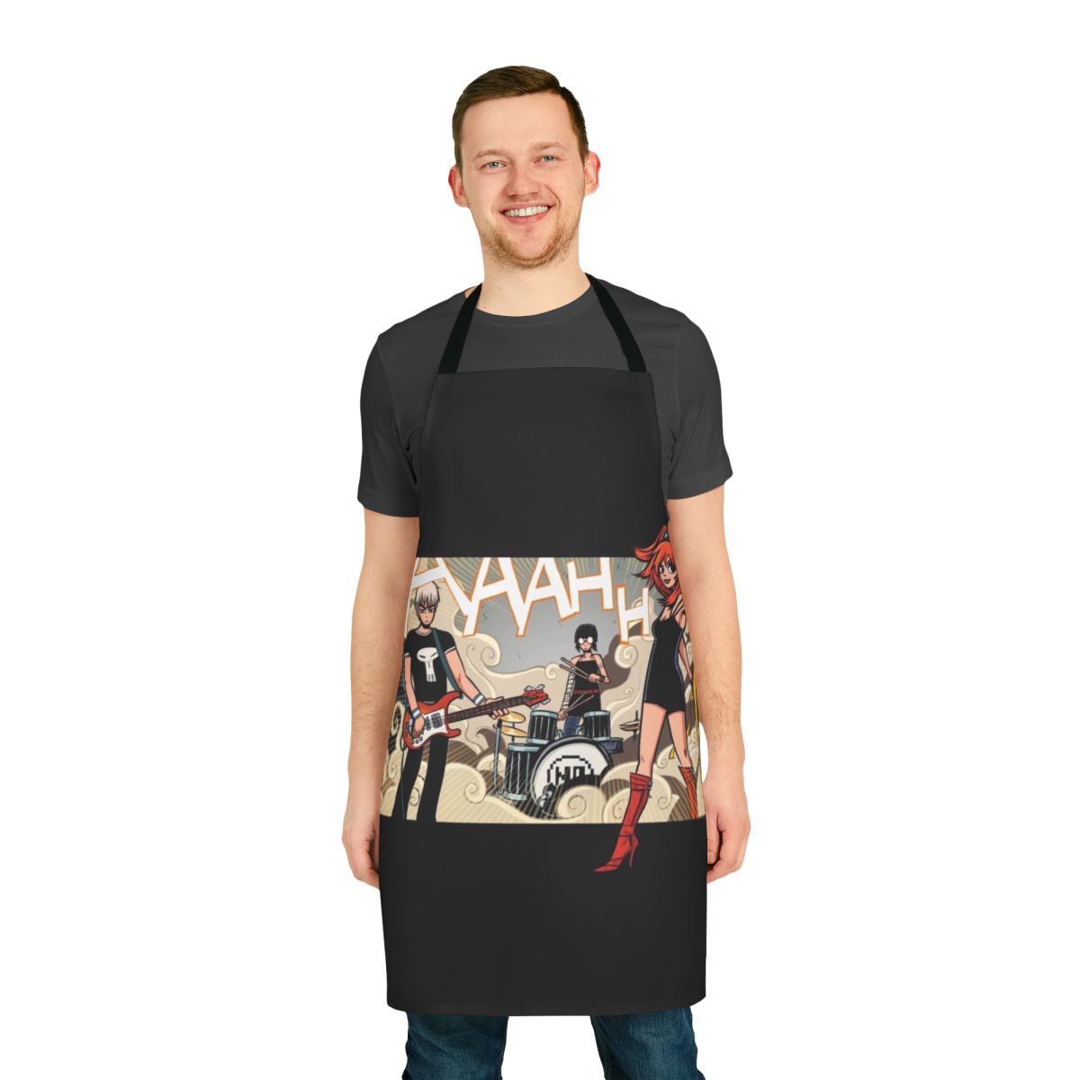 A stylish vegan apron inspired by the band The Clash at Demonhead from the Scott Pilgrim universe.