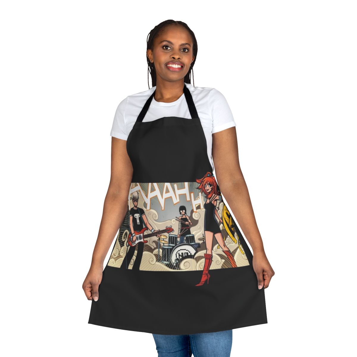 A stylish vegan apron inspired by the band The Clash at Demonhead from the Scott Pilgrim universe.