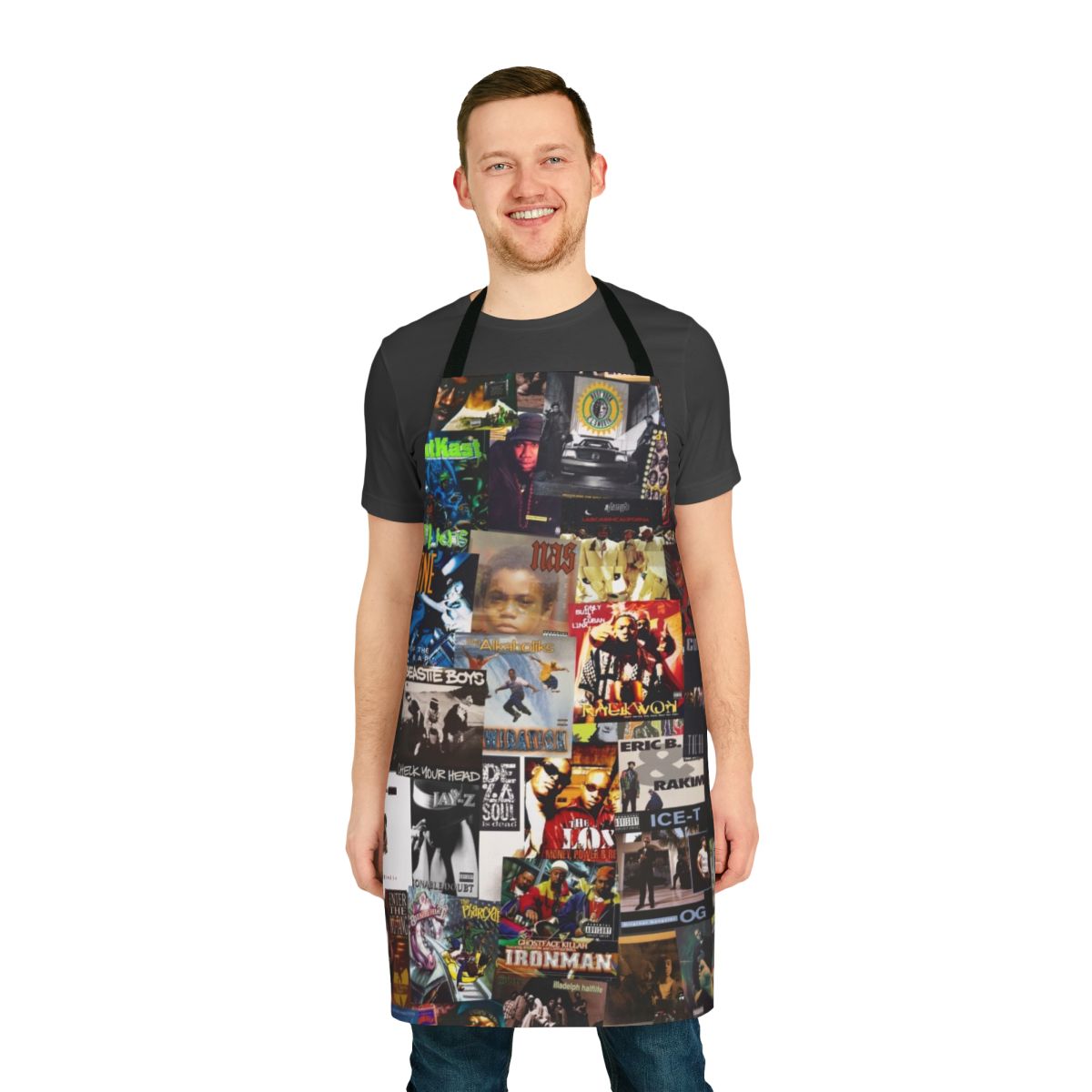 Apron featuring a collage of classic 90s hip hop album covers
