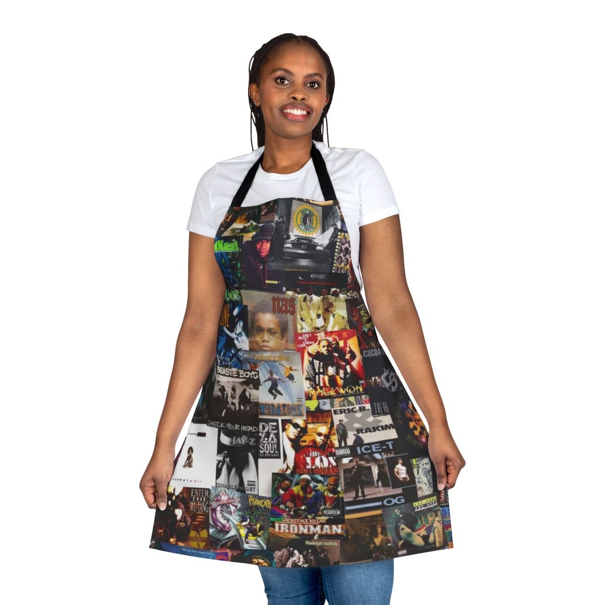 Apron featuring a collage of classic 90s hip hop album covers