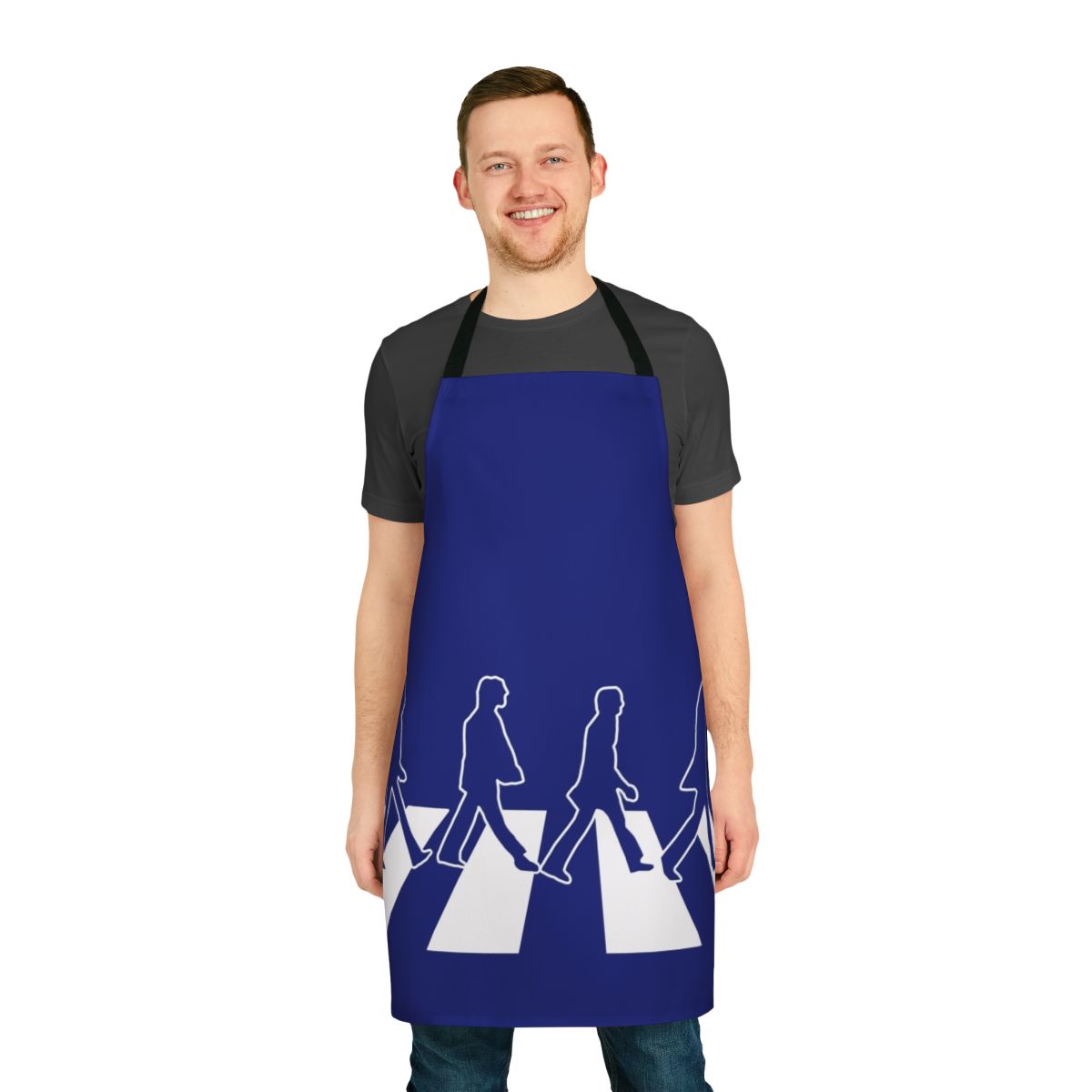 An apron featuring the iconic Abbey Road album cover design by The Beatles