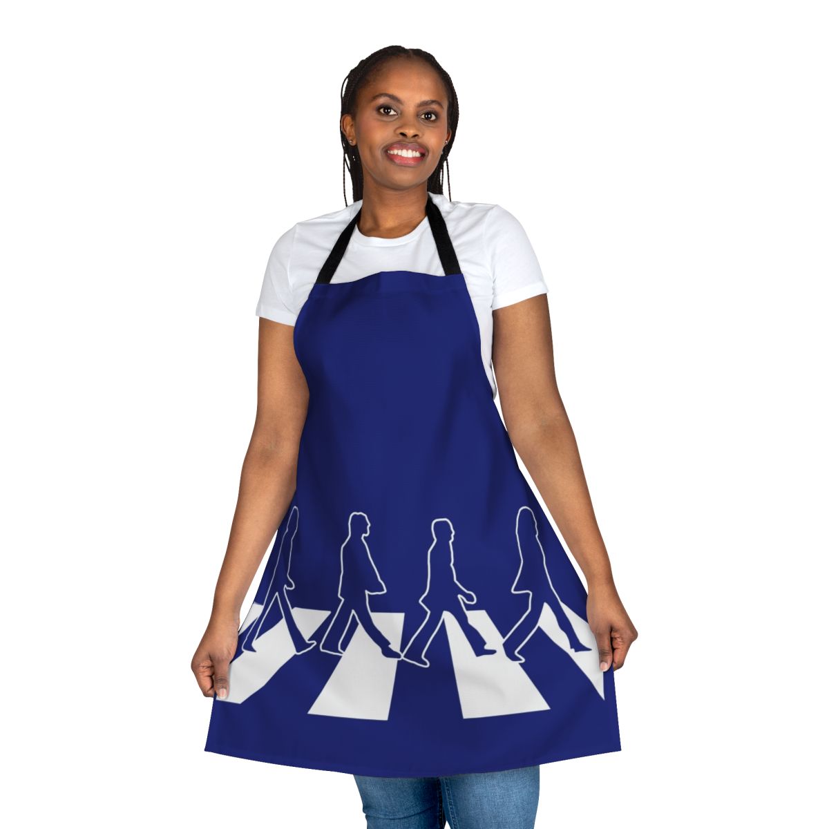 An apron featuring the iconic Abbey Road album cover design by The Beatles