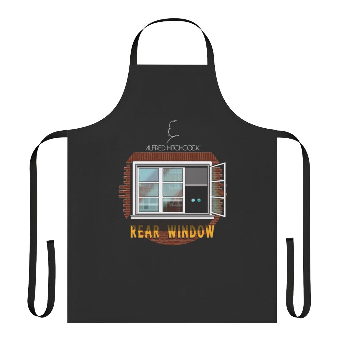 Classic Alfred Hitchcock Rear Window inspired apron with film reel, suspense, and thriller design