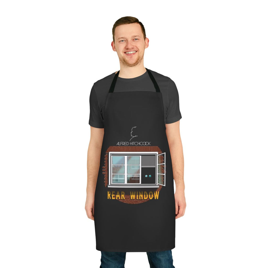 Classic Alfred Hitchcock Rear Window inspired apron with film reel, suspense, and thriller design