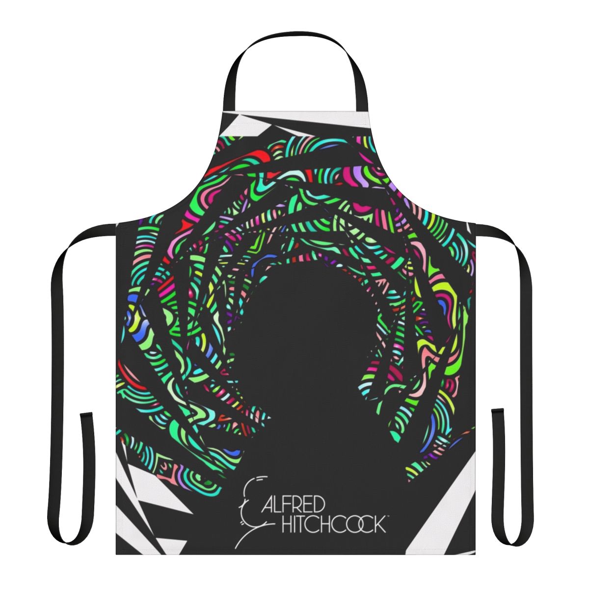 An apron featuring the iconic silhouette of Alfred Hitchcock and the title of his classic film Vertigo