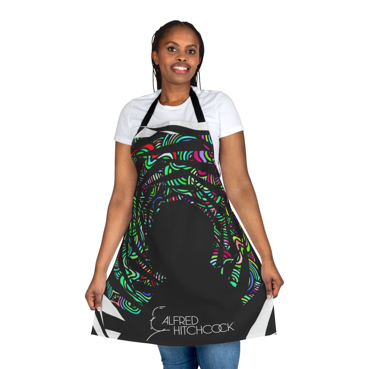An apron featuring the iconic silhouette of Alfred Hitchcock and the title of his classic film Vertigo