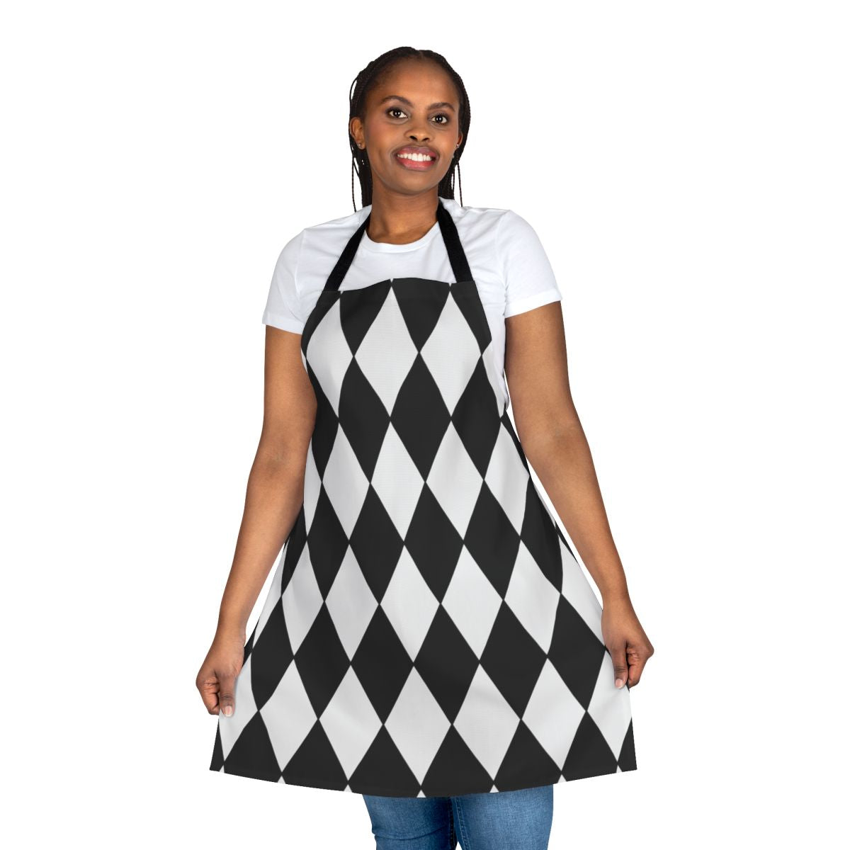 Black and white harlequin patterned apron