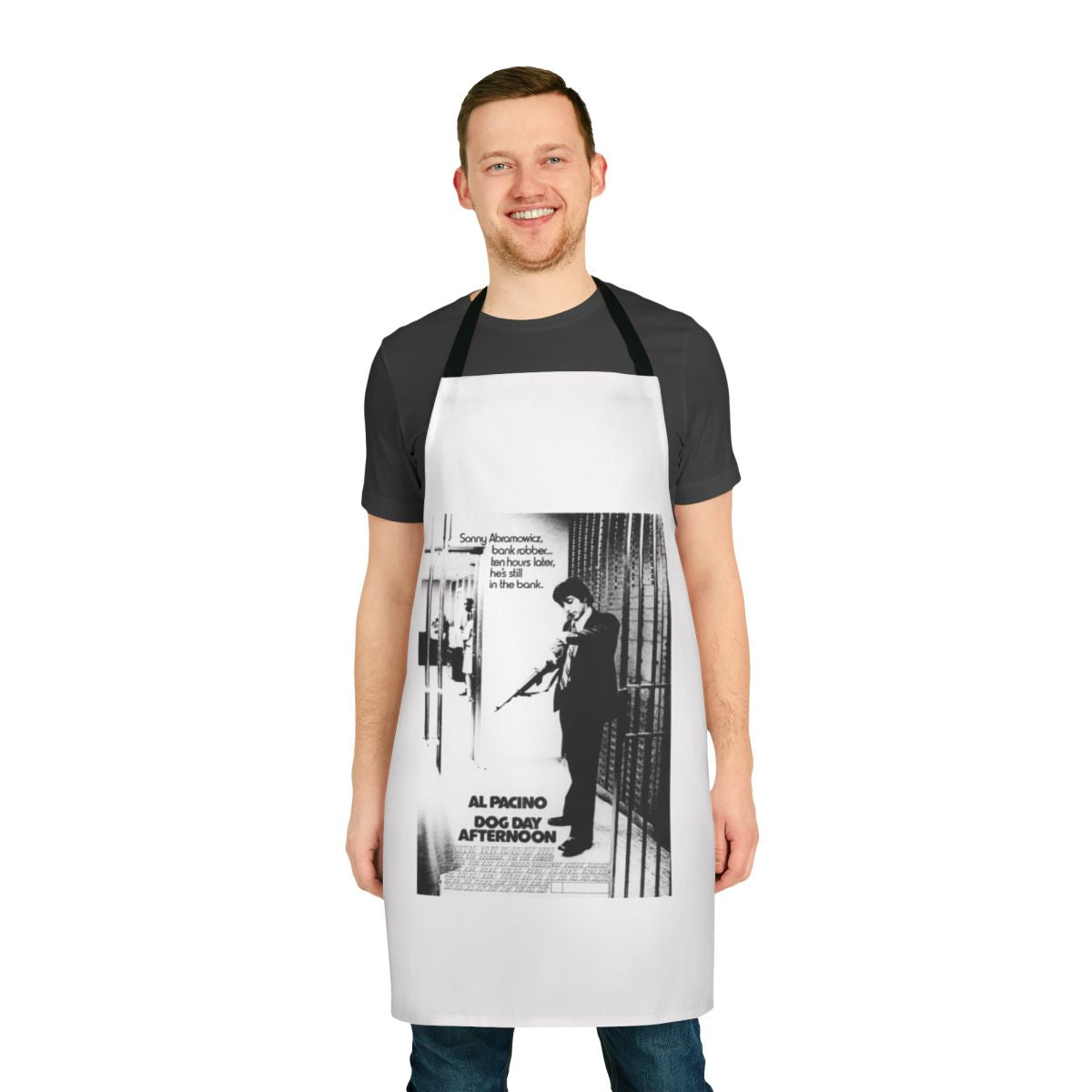 Classic cinema apron featuring a collage design from the 1975 film Dog Day Afternoon starring Al Pacino