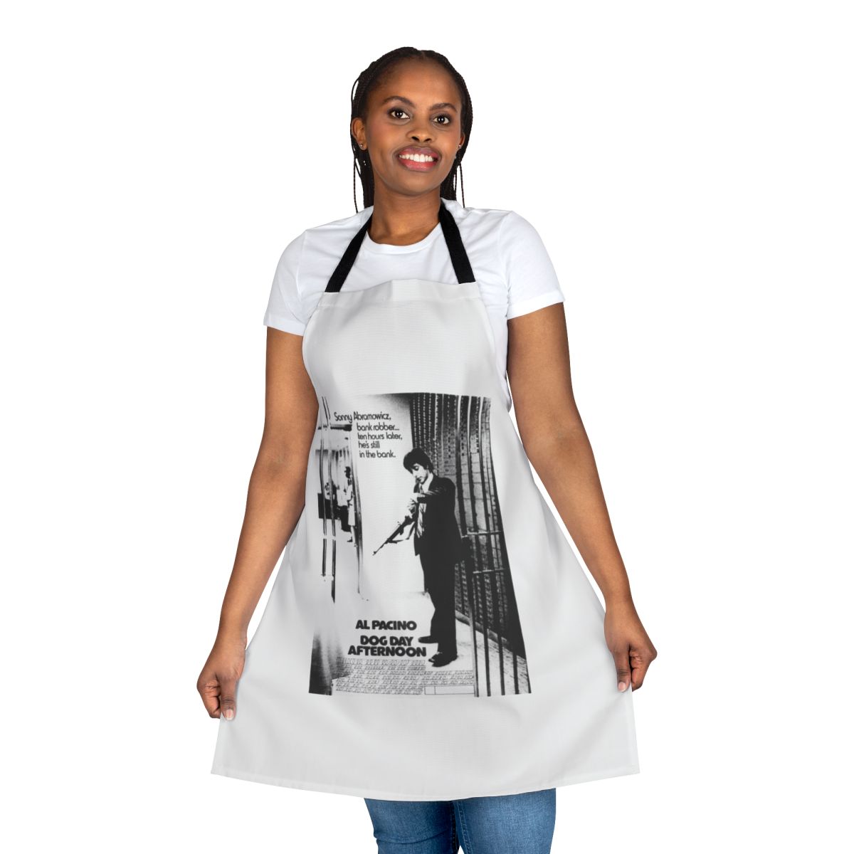 Classic cinema apron featuring a collage design from the 1975 film Dog Day Afternoon starring Al Pacino