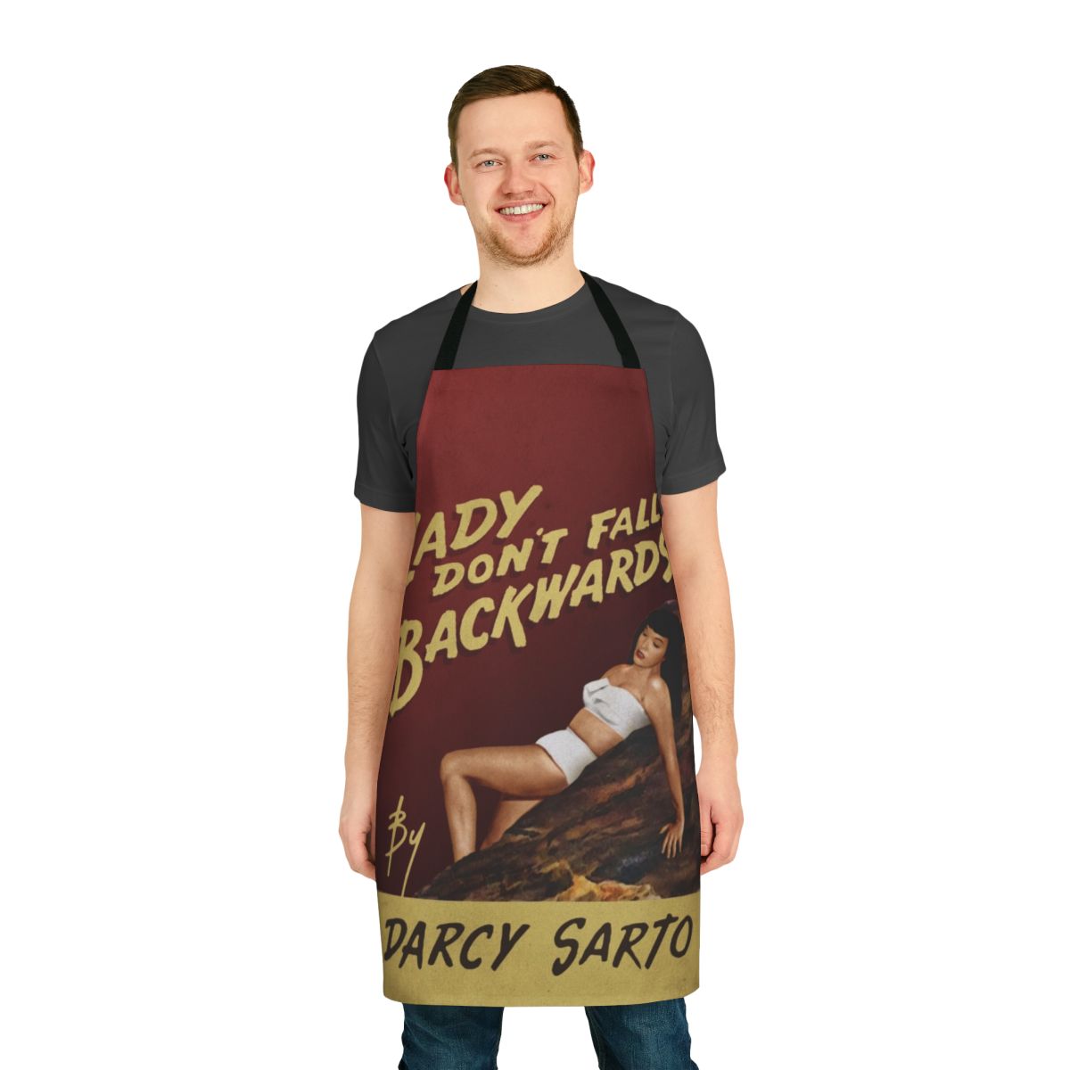 Vintage-style apron featuring the classic comedy "Lady Don't Fall Backwards" design