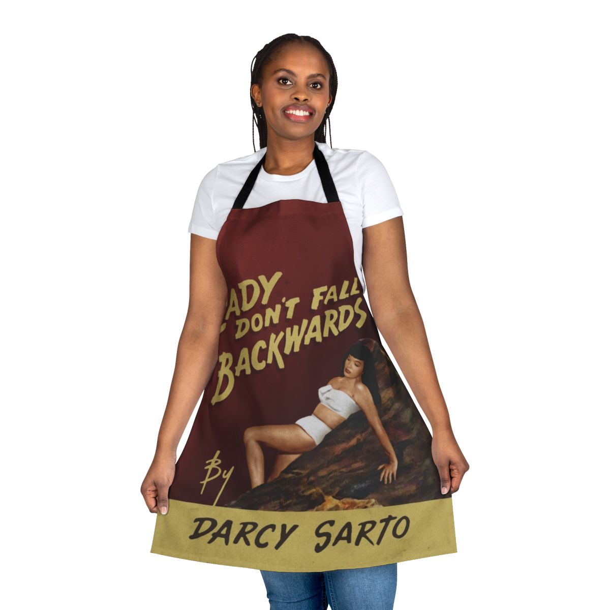 Vintage-style apron featuring the classic comedy "Lady Don't Fall Backwards" design