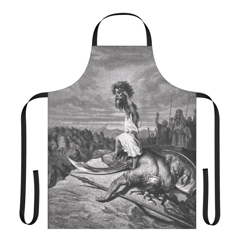 Apron featuring the biblical story of David and Goliath, inspired by the classic artwork of Gustave Dore.