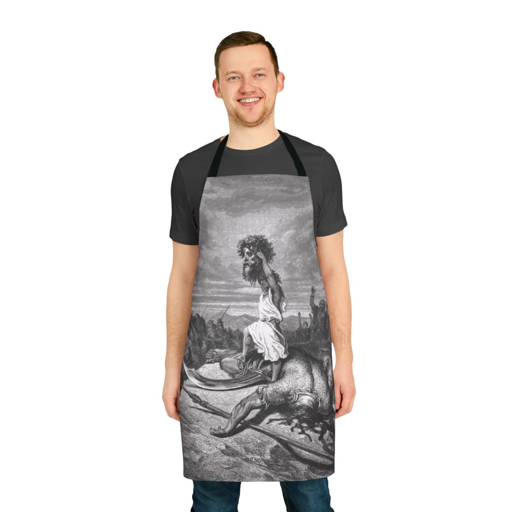 Apron featuring the biblical story of David and Goliath, inspired by the classic artwork of Gustave Dore.