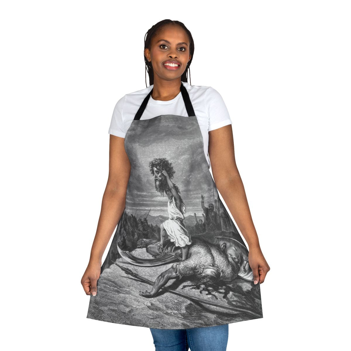 Apron featuring the biblical story of David and Goliath, inspired by the classic artwork of Gustave Dore.