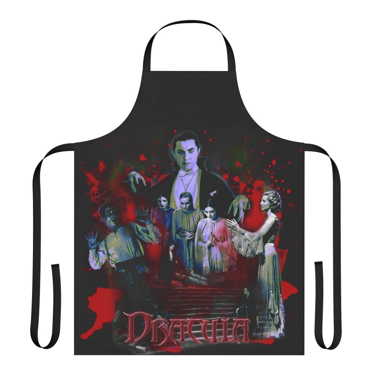 Dracula-inspired apron featuring classic horror imagery and the iconic vampire count