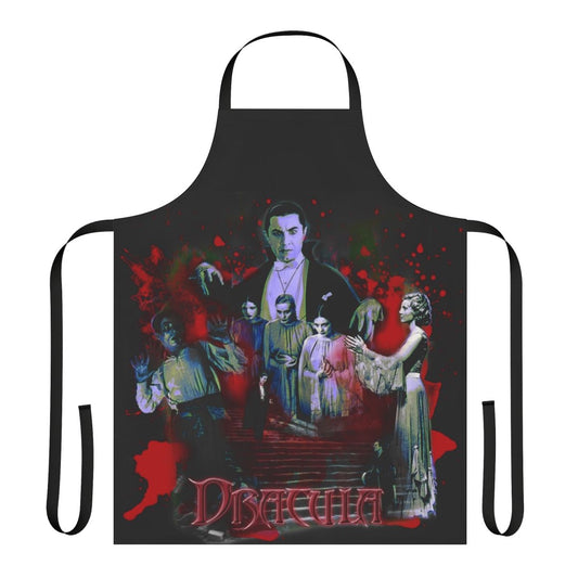 Dracula-inspired apron featuring classic horror imagery and the iconic vampire count