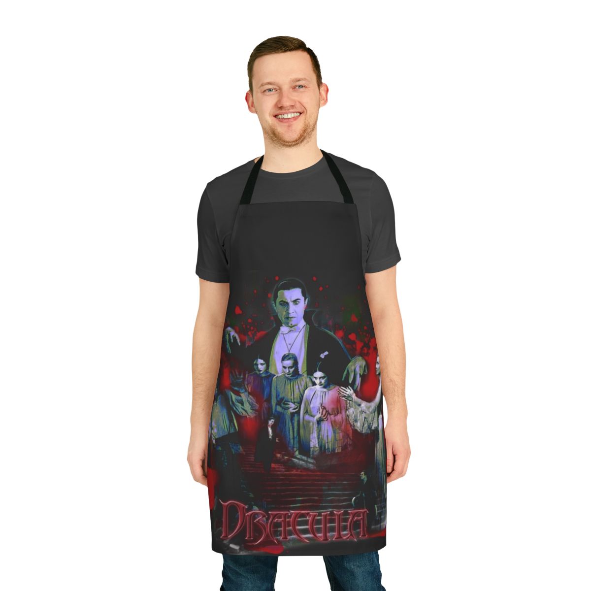 Dracula-inspired apron featuring classic horror imagery and the iconic vampire count