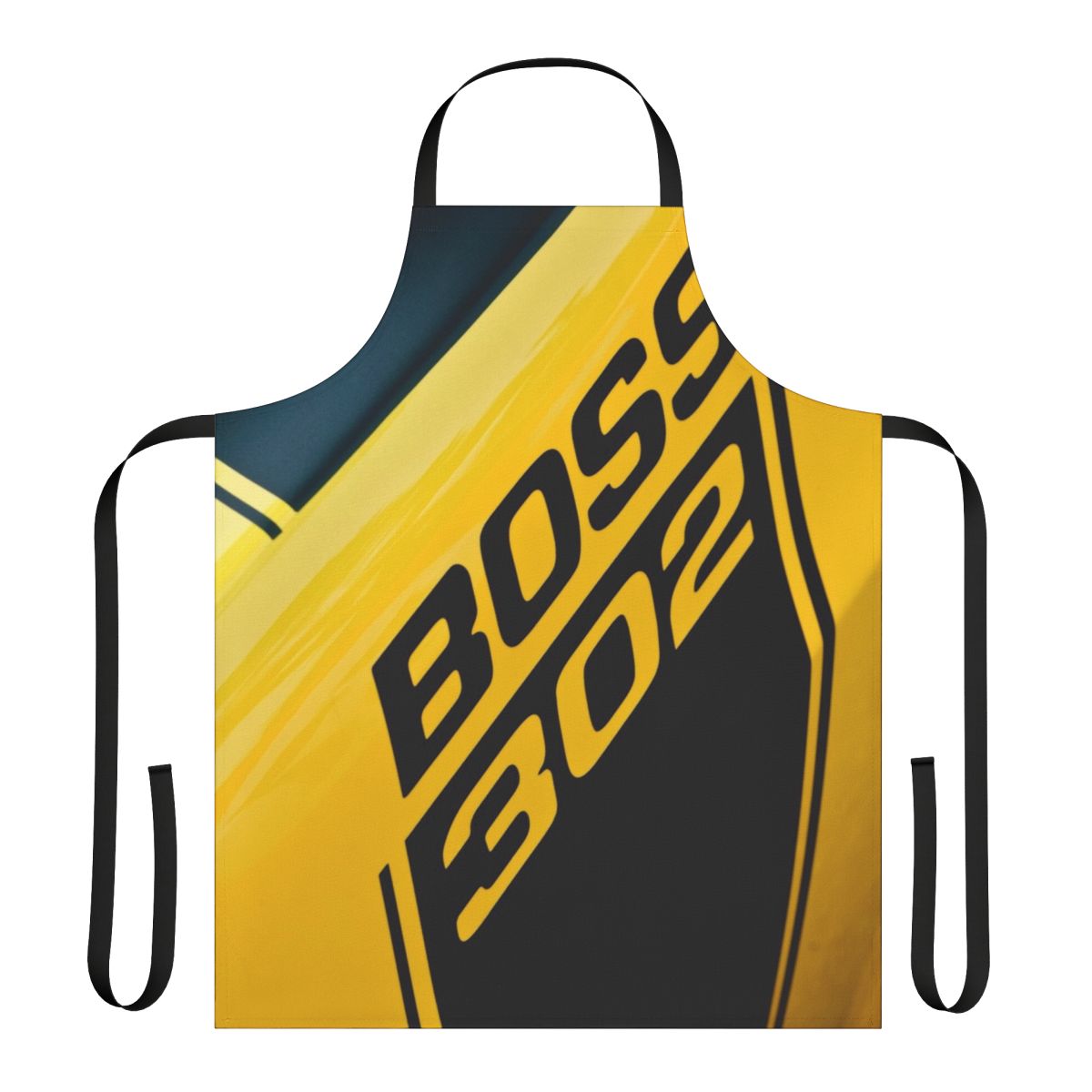 Closeup photograph of a 1970 Ford Mustang Boss 302 emblem on a black apron