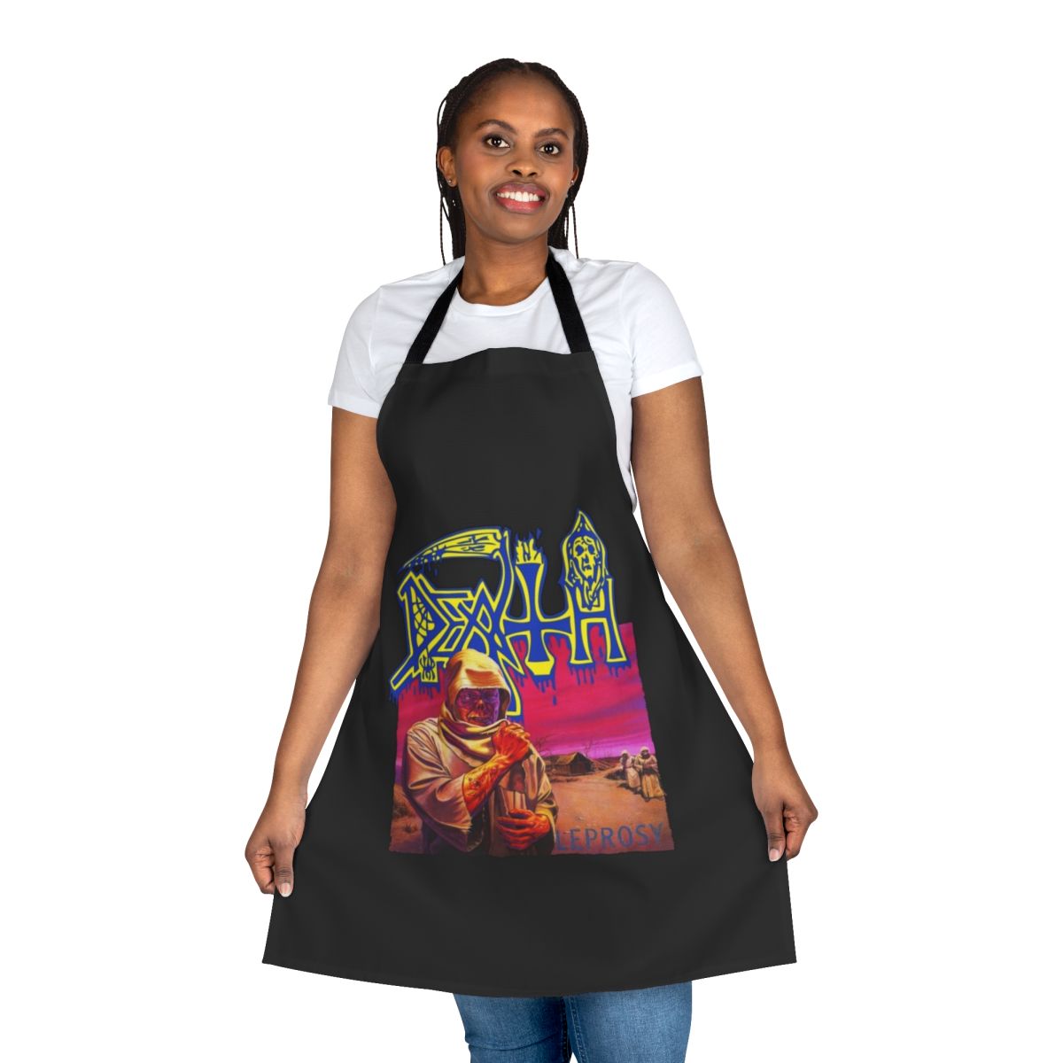 Apron featuring the classic logo of the death metal band Leprosy