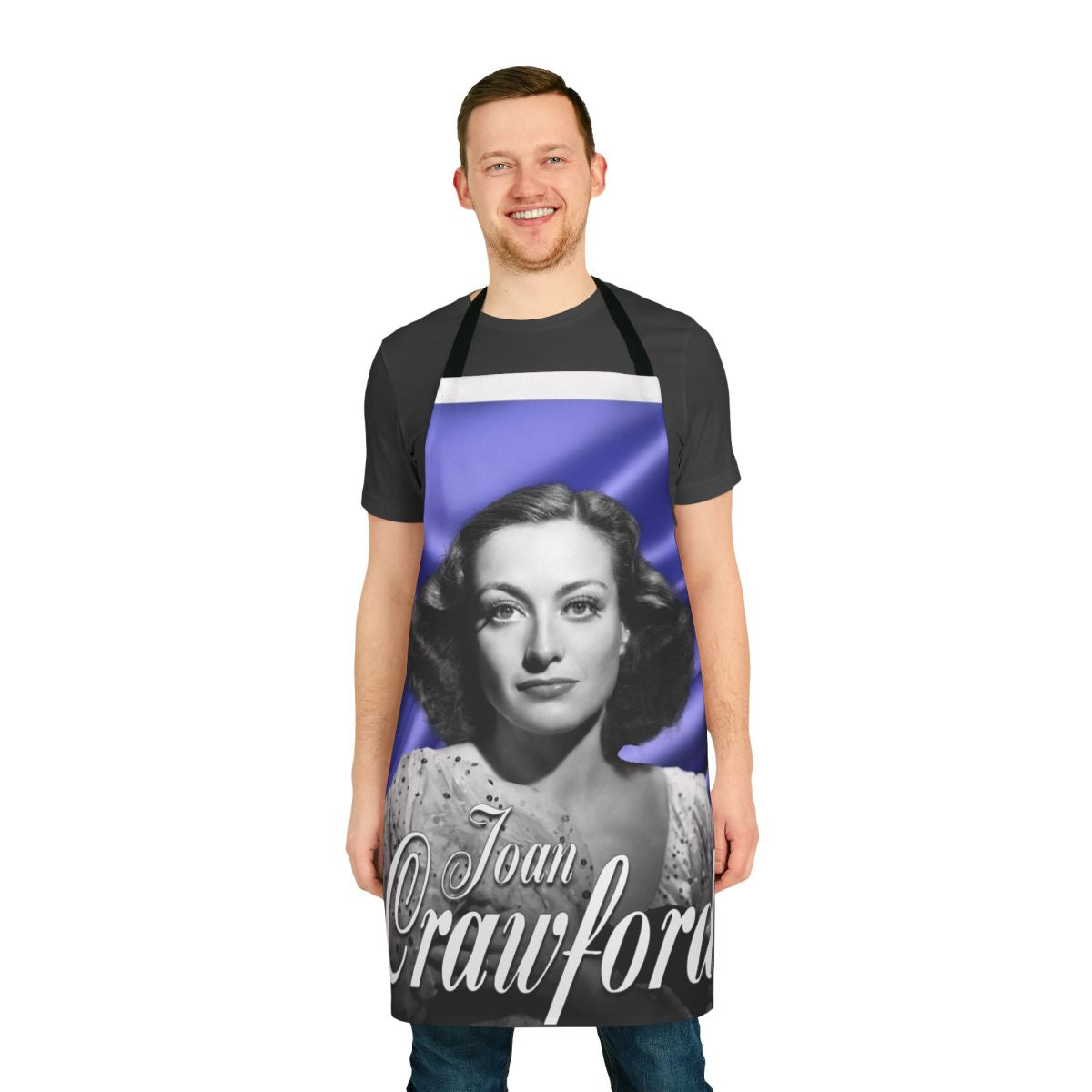 Vintage-style apron featuring a purple background and the image of actress Joan Crawford
