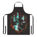 A black and white illustration of classic horror movie monsters on a durable, high-quality apron