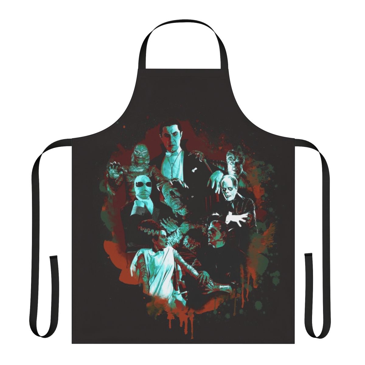 A black and white illustration of classic horror movie monsters on a durable, high-quality apron