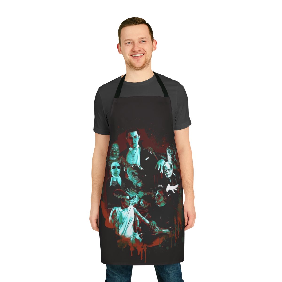 A black and white illustration of classic horror movie monsters on a durable, high-quality apron