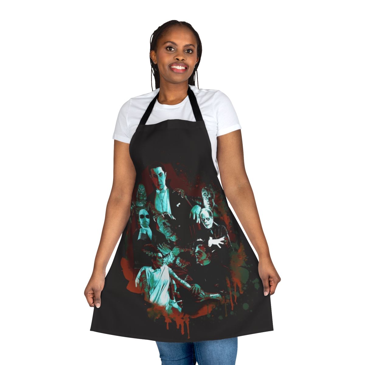 A black and white illustration of classic horror movie monsters on a durable, high-quality apron