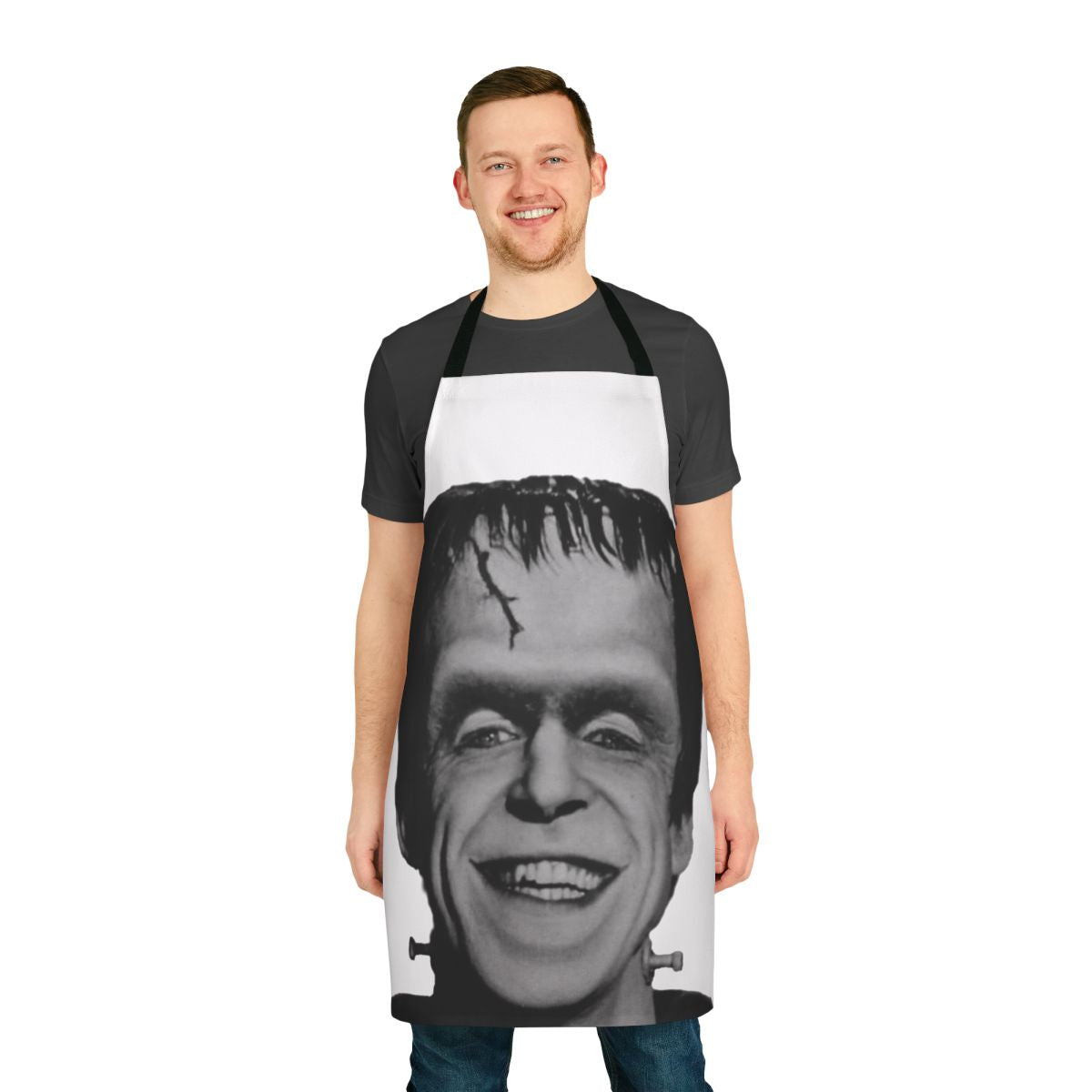 Classic black and white profile image of Herman Munster from the vintage TV series The Munsters, printed on a durable apron.