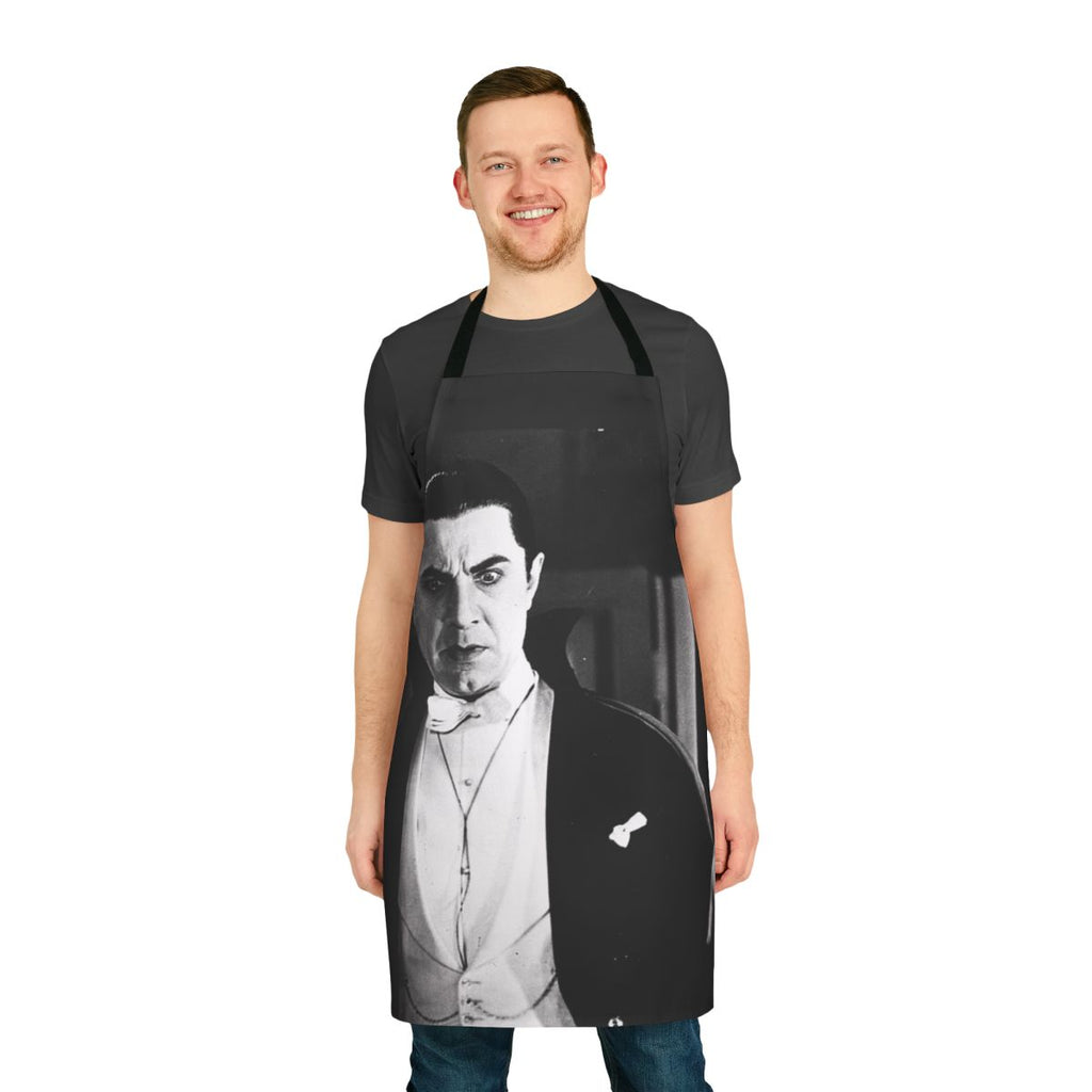 A classic horror-inspired apron featuring Dracula and vampiric imagery