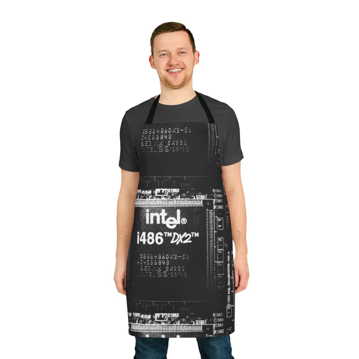 Apron featuring a retro i486 DX2 microprocessor design