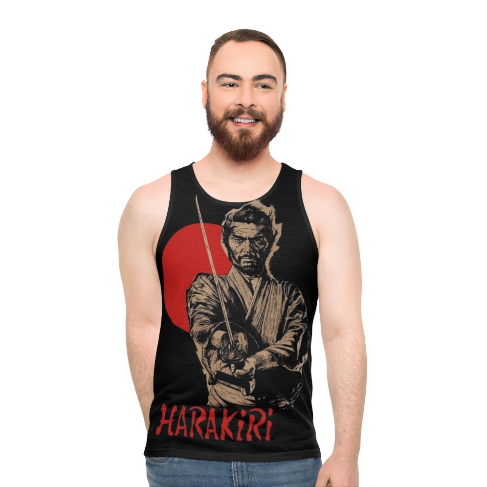 Classic Japanese cinema unisex tank top featuring samurai sword
