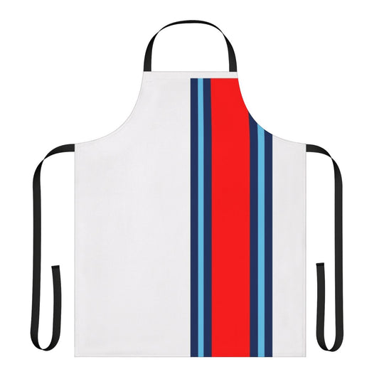 A close-up of a high-quality classic motorsport stripe apron with a minimalist design.