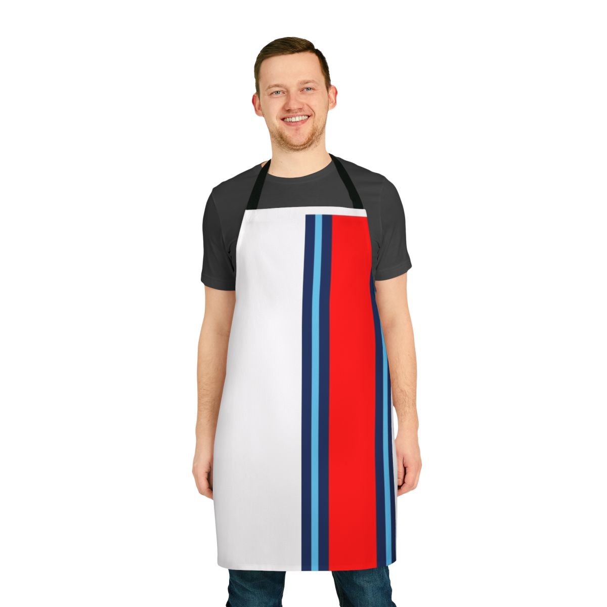 A close-up of a high-quality classic motorsport stripe apron with a minimalist design.